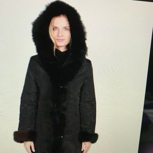 Belle Fare Reversible Silk & Black Rabbit & Fox Trim Coat Size L NWT